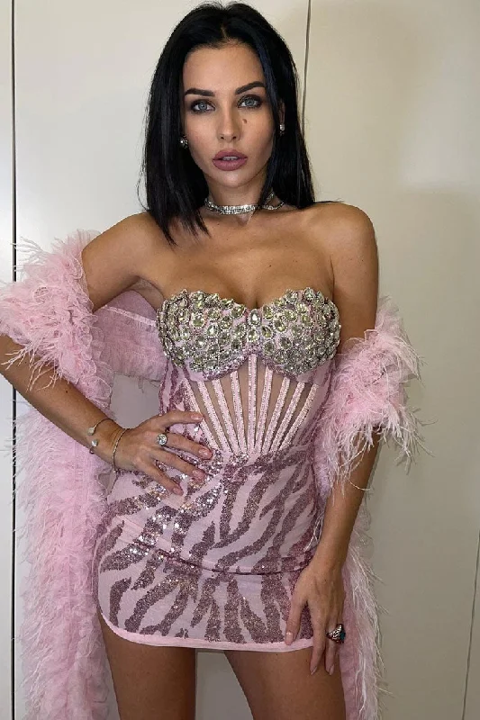 Final Sale Sparkly Sequin Rhinestone Bustier Mesh Corset Party Mini Dress - Pink