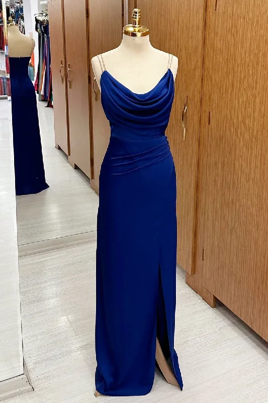 Seize Bargains Royal Blue Cowl Neck Sheath Maxi Dress with Slit