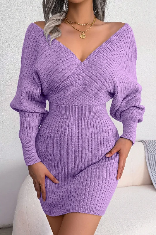 Spring Fashion Sexy Winter Wrap V Neck Rib Knit Sweater Mini Dress - Purple