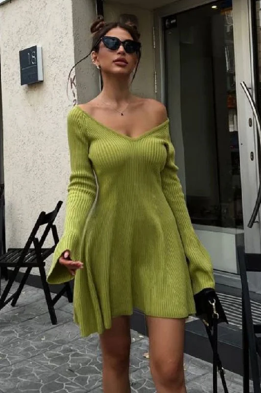 Sale On Clothing Sexy Deep V Neck Long Sleeve A Line Ribbed Knit Winter Party Mini Dress - Green