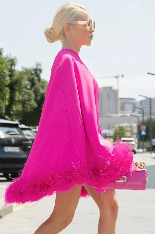 End of Season Sale Asymmetrical One Shoulder Feather Trim A Line Party Mini Dress - Hot Pink