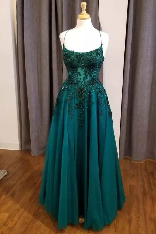 Winter Wardrobe Clearance Hunter Green Floral Lace Scoop Neck A-Line Prom Dress Y5744