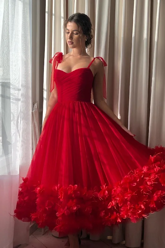 Crazy Price Slashing Red Spaghetti Long A-line Red Tulle Prom Dresses, Midi Dresses, Party Dresses, Newest Prom Dresses