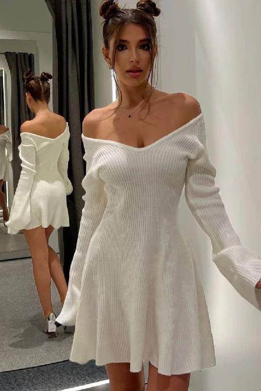 Clothing Sales Sexy Deep V Neck Long Sleeve A Line Ribbed Knit Winter Party Mini Dress - White