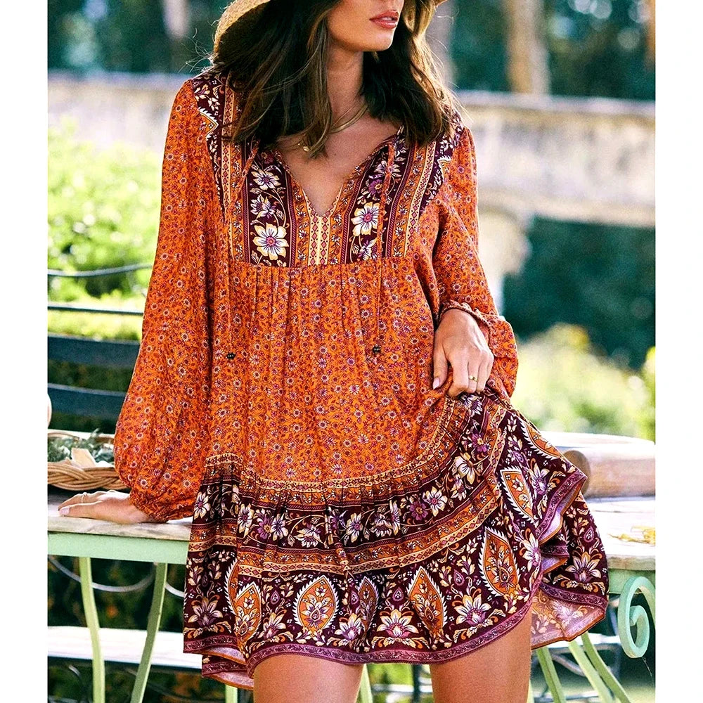 Trend Forward Women's Wear FashionSierra-Lantern Long Sleeve  Mini  Women  Floral Print  Tunic  Robe  Autumn  Short  Vintage  V-neck  Loose  Vestidos Boho Dress