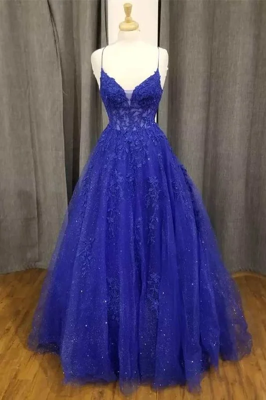 Sale On Sale Royal Blue Floral Appliques V-Neck A-Line Prom Dress Y4234