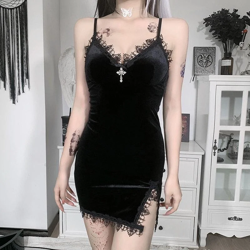 Trendy Street Style Clothing Goth Cross Detail Mini Dress