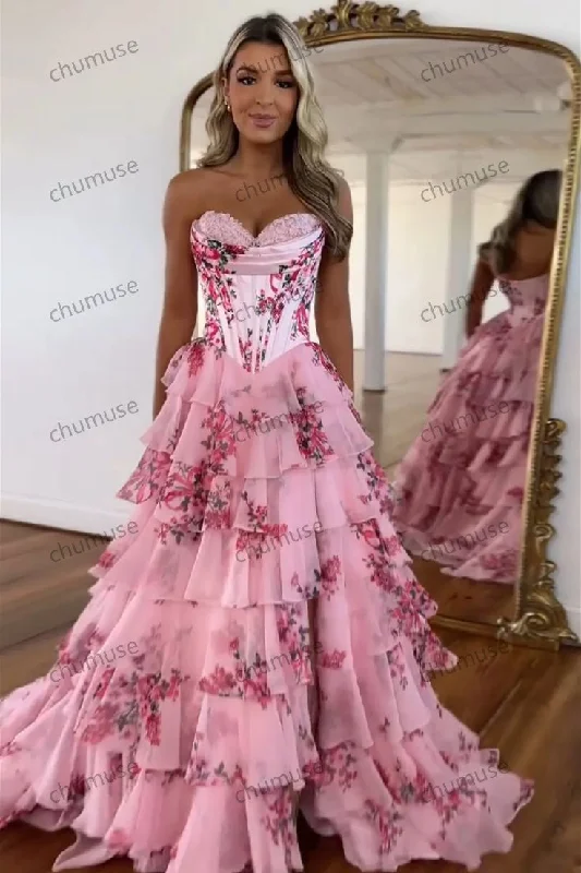 Versatile Style Wardrobe Pink Strapless A-Line Printing Tiered Chiffon Floral Long Prom Dress