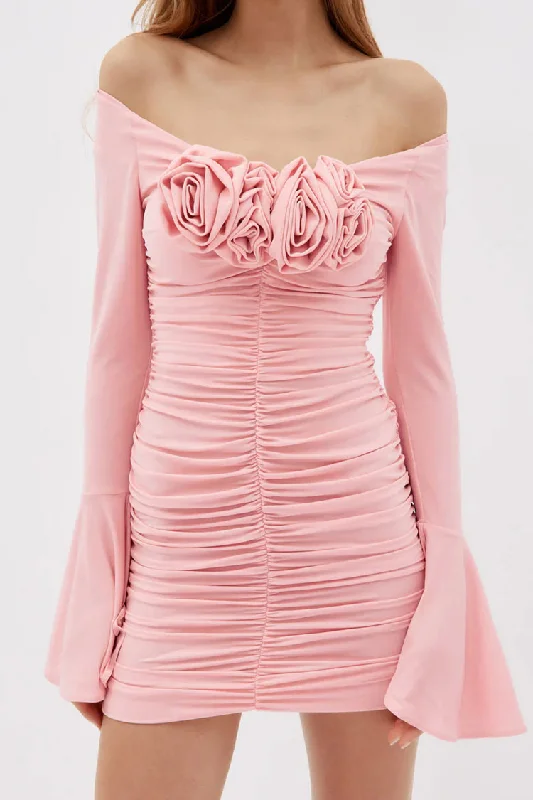 Don't Miss Out Sexy Rosette Corsage Off Shoulder Bell Sleeve Ruched Party Mini Dress - Pink