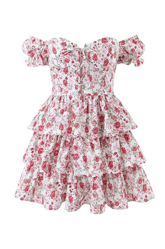 Unbeatable Prices Cute Rose Printed Lace Up Front Puff Sleeve Layered Ruffle Party Mini Dress