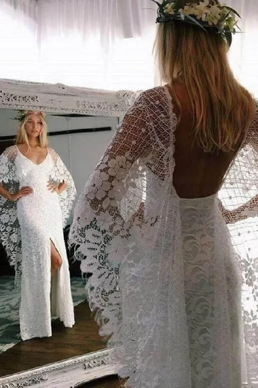 You'Ll Love Us Because Roycebridal Batwing Sleeve Lace Rustic Wedding Dresses Ivory Sheath Boho Wedding Dresses,MW407