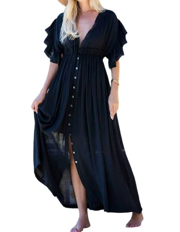 Best Online Clothing Boutiques Deep V-Neck Ruffle Maxi Dress - Plus In Black