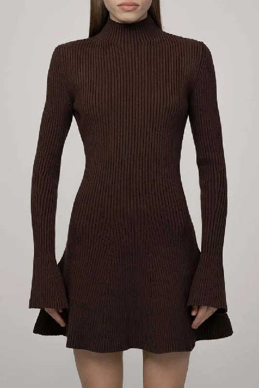 Women Wear Brands Chic High Neck Flared Long Sleeve Rib Knit Winter Sweater Mini Dress - Coffee