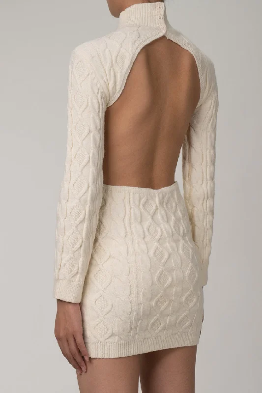 Exclusive Discount Backless High Neck Cable Knit Winter Sweater Mini Dress - Cream