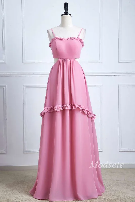 Mega Sales Pink Spaghetti Strap Bow-Back Ruffle Maxi Dress