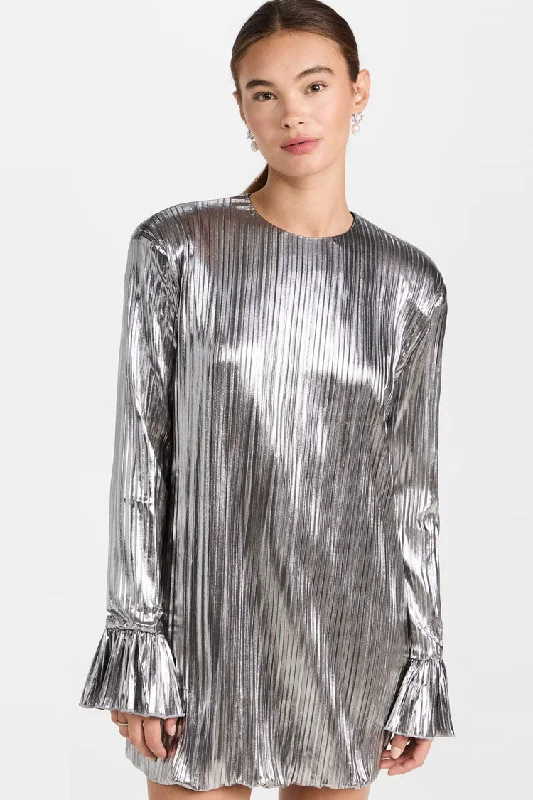 Seasonal Picks Metallic Shoulder Pad Long Sleeve Shift Pleated Mini Dress - Silver