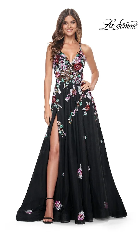 Limited Time Offer La Femme Floral-Sequin Long Black Prom Dress 32051