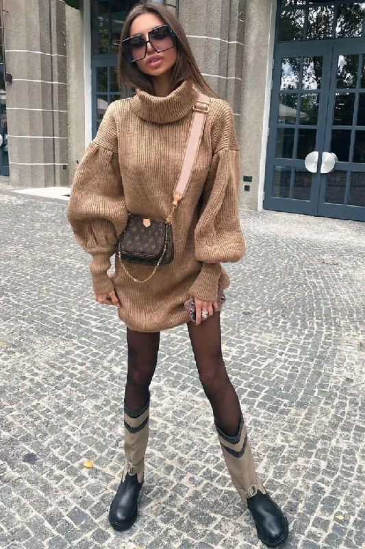 Outfits Ideas Bishop Sleeve Turtleneck Winter Sweater Mini Dress - Camel