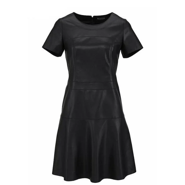 Women's Clothing Sale Online Faux Fashion Leather  A-Line O-Neck Black Dress Casual Mini Dress