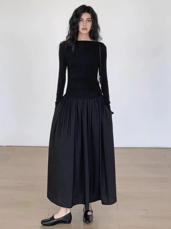 Limited Time Offers Pleated Patchwork Knit Long Sleeve Midi Dress