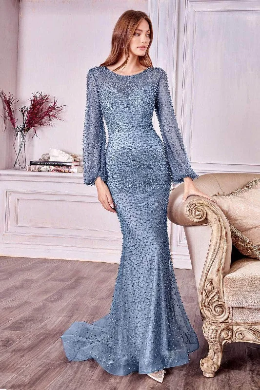 Clothing Sale Andrea and Leo - A0997 Pearl Beaded Long Sleeve Trumpet Gown