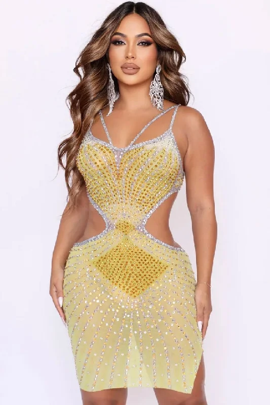 Women's Clothing Brands Sparkly Rhinestone V Neck Sheer Mesh Cutout Party Mini Dress - Yellow