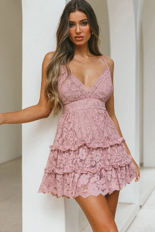 Limited Time Offers Sunshine Morning Crochet Lace Frill Trim Tied Back Lace Mini Dress Rose