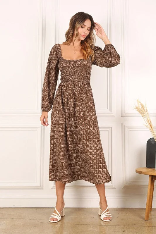 Sophisticated Style Brown Floral-Print Long Sleeve Tea-Length Dress