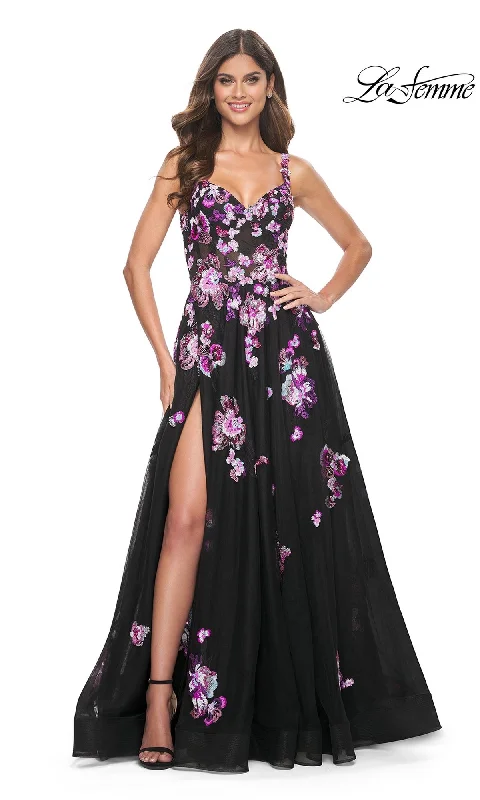 Hot Brand Discounts La Femme Purple-Floral Long Black Prom Dress 32030