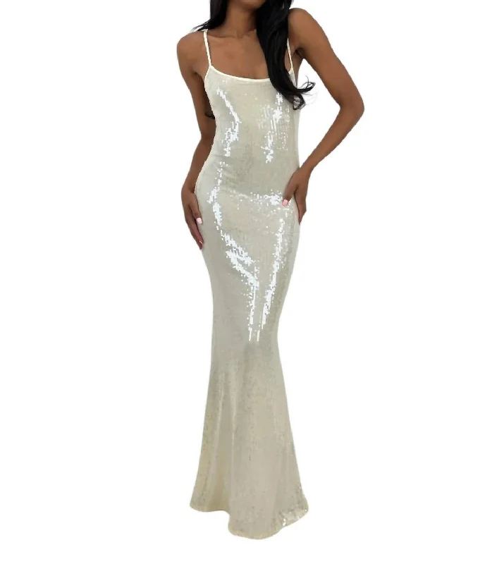 Women's Clothing Boutique Sequin Scoop Neck Maxi Dress In Cream