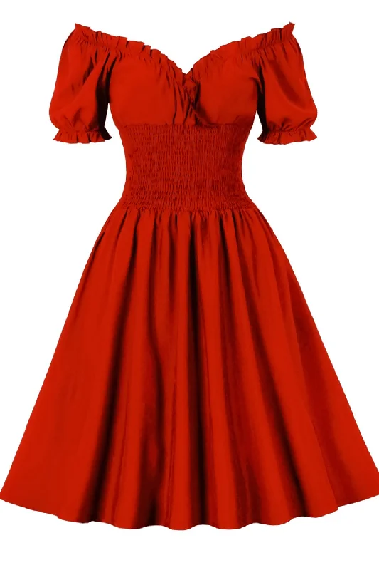 Daily Essentials Red Off-the-Shoulder Puff Sleeve Midi Dress