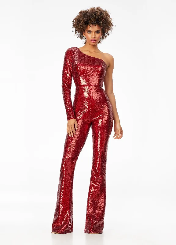 Clothing Online Ashley Lauren 11110 Size 2 Ruby Red Jumpsuit Long Sequin Bell Sleeve Pageant Jumpsuit One Shoulder