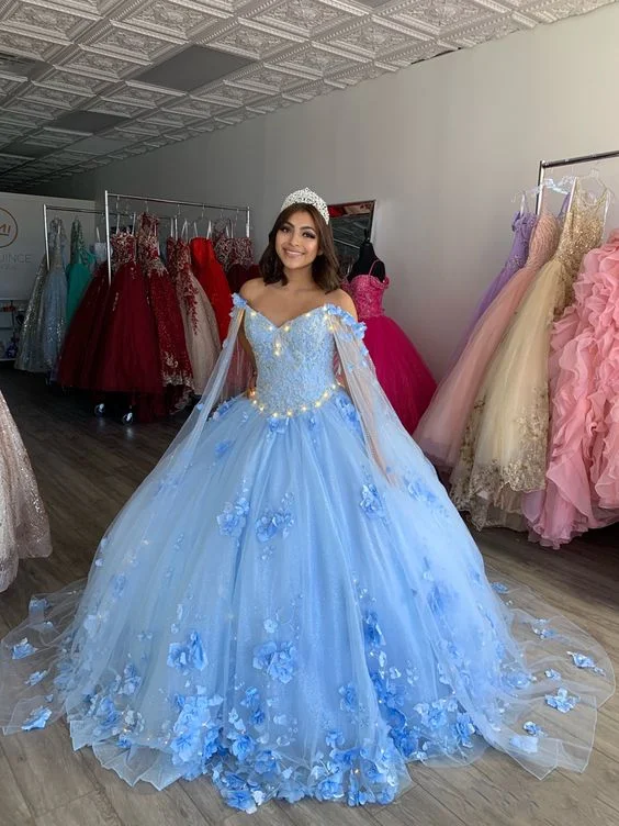 Stupidly Low Prices Light Blue Quinceanera Dresses Flowers Ball Gown Off Shoulder Lace Appliques 3d Floral Crystal Beads Long Sleeves Sweet 16 Dress Y759