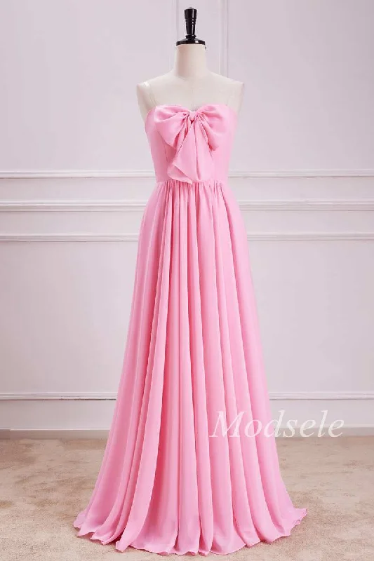 Athleisure Wear Promotion Strapless Bow Front A-Line Chiffon Maxi Dress in Pink