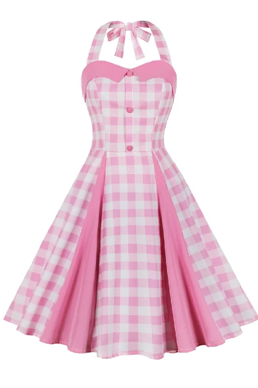 Trendy New Clothes Barbie Pink Plaid Halter A-Line Midi Dress