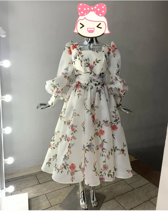 Women Apparel Unique A-line Square Neckline Floral Print Prom Dress Y5814