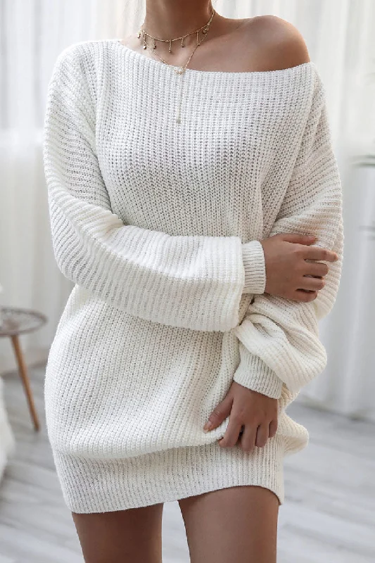 Style Without Limits Cozy Winter Boat Neck Long Sleeve Textured Sweater Mini Dress - White