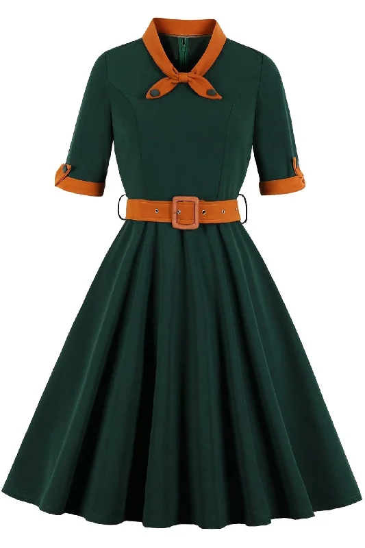 Explore What's New Plus Size 1950s Lapel Half Sleeve A-Line Midi Dress with Belt