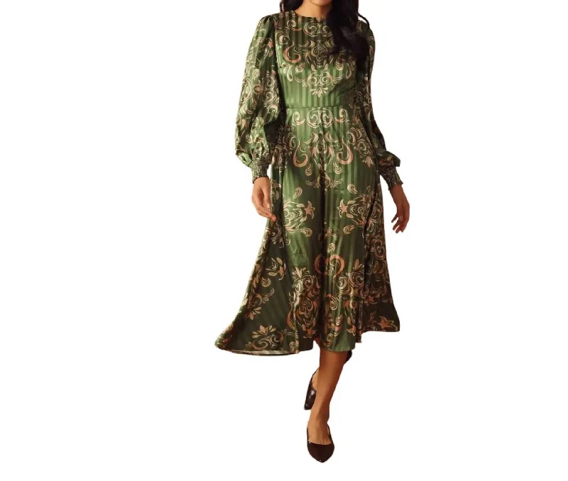 Trendy Online Boutiques Printed Woven Midi Dress In Green