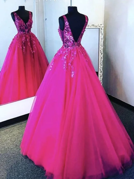 Sale Clearance V Neck Hot Pink Tulle Lace Prom Dresses, Backless Hot Pink Floral Formal Evening Dresses S23094