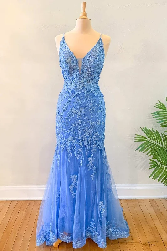 Best Deals Of The Season Blue Floral Appliques Backless Mermaid Long Prom Dress Y1889