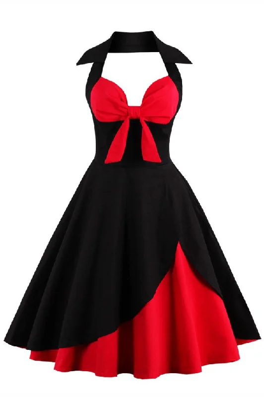 Trendy Threads Black and Red Halter Bow-Front A-Line Midi Dress