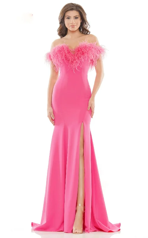 Trend Alert Colors Dress 2663 Size 4 Hot Pink Long Fitted Feather off the Shoulder Formal Prom Dress Slit Pageant Gown