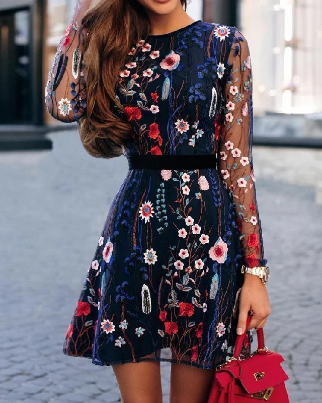 Chic And Trendy FashionSierra - Floral Embroidery Mesh Sleeve Mini Dress