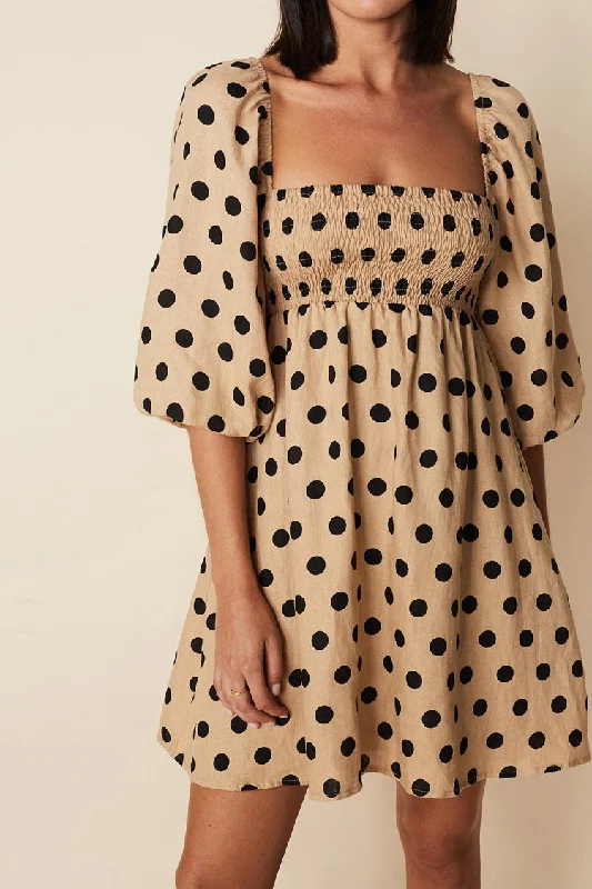 Trending Items Dotted Puff Sleeve Square Neck Summer Mini Dress - Coffee