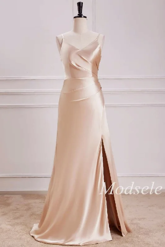 Brand Name Clothing Discount Extravaganza V-Neck Pleated Bodice Maxi Dress in Champagne