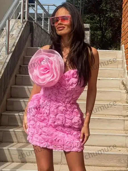 Trendy Attire For Her Pretty Pink Floral Mini Women Dresses To Holiday Date Party Handmade 3D Flower Female Short Maxi Dress