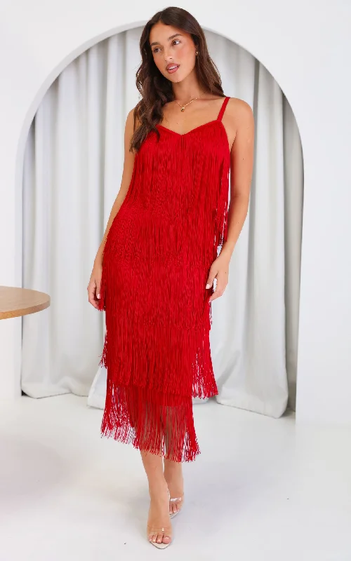 Edgy Fashion You Found Me Fringe Tassel Maxi Dress - Red