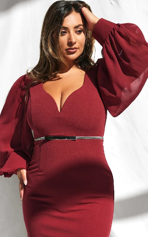 Elegant Fashion Tammy Long Balloon Maxi Dress - Wine