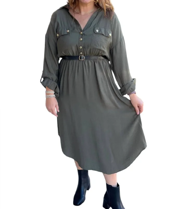 Trendy Clothing Sale Belted Midi Dress In Olive